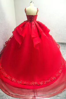 glittrande röd balklänning spaghetti remmar pärlstav quinceanera klänning med applikationer