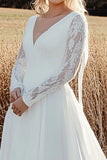 Tidlös A Line V Neck Lace Långärmad Elfenben Bröllopsklänning