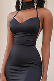 Chic Svarta Remmar Bodycon Slits Volang Lång Balklänning Med Halsduk