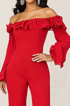 Röd Ruffled Från Axeln Jumpsuit För Brudens Mor Med Långa Ärmar