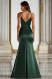 Mörkgröna Spaghetti Straps Mermaid Satin Lång Balklänning