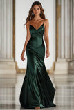 Mörkgröna Spaghetti Straps Mermaid Satin Lång Balklänning