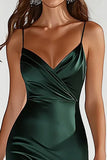Mörkgröna Spaghetti Straps Mermaid Satin Lång Balklänning