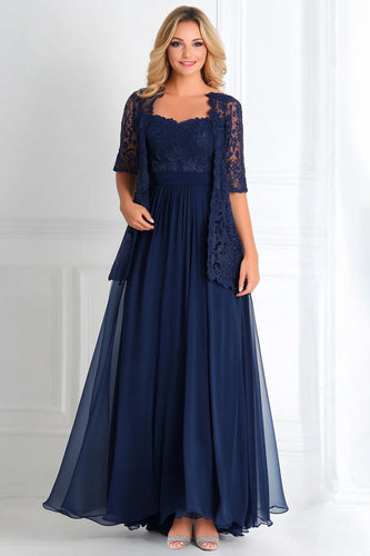 Elegant Navy A Line Båt Hals Chiffong Spets Applique Lång Klänning för Brudens Mor med 3/4 ärmar