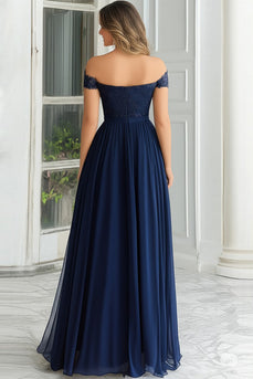 Elegant A-linje Marinblå Off The Shoulder Chiffong Lång Klänning För Brudens Mor Med Spetsapplikationer