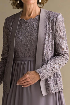 Vintage Mauve A-Line Scoop Spets Top Chiffong Knälång Klänning till brudens mor med spets jacka