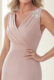 Elegant Taupe V-ringad Applique Slida Matt Satin Lång Mor till bruden