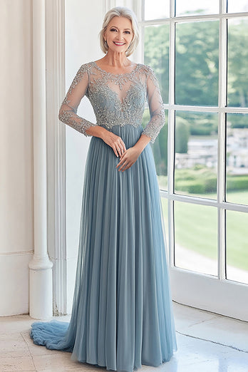 Elegant Dusty Blue Scoop Tyll Applique A-Line Lång mor till bruden