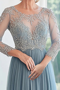 Elegant Dusty Blue Scoop Tyll Applique A-Line Lång mor till bruden