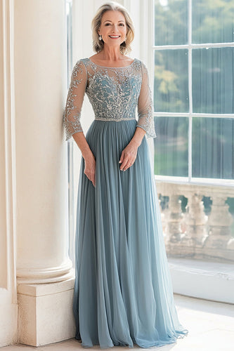 Elegant Dusty Blue Scoop A-Line Tyll Lång mor till bruden med Beading