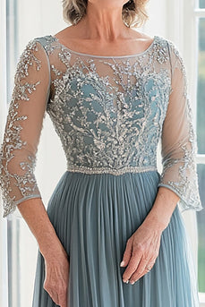 Elegant Dusty Blue Scoop A-Line Tyll Lång mor till bruden med Beading