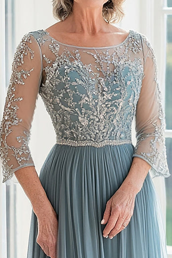 Elegant Dusty Blue Scoop A-Line Tyll Lång mor till bruden med Beading