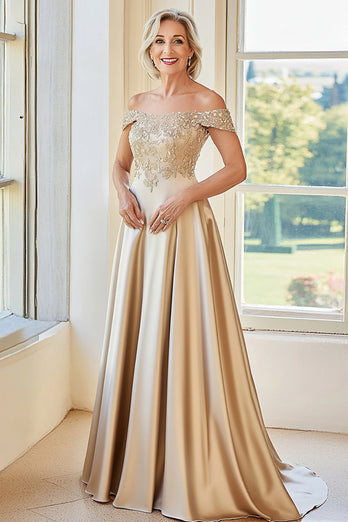 Elegant Champagne Off The Shoulder A-Line Matt Satin Lång mor till bruden med broderi