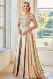 Elegant Champagne Off The Shoulder A-Line Matt Satin Lång mor till bruden med broderi