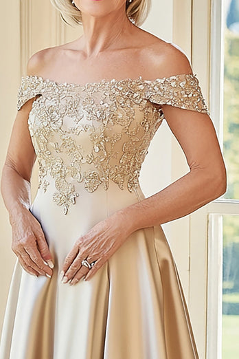 Elegant Champagne Off The Shoulder A-Line Matt Satin Lång mor till bruden med broderi