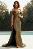 Off The Shoulder Metallic Gold Sheath Prom Klänning Med Slits