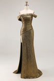 Off The Shoulder Metallic Gold Sheath Prom Klänning Med Slits