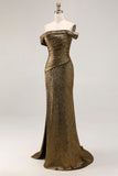 Off The Shoulder Metallic Gold Sheath Prom Klänning Med Slits