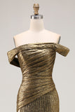 Off The Shoulder Metallic Gold Sheath Prom Klänning Med Slits
