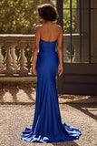 Royal Blue Satin V-hals veckad slida balklänning med slits