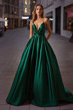 Elegant Satin Mörkgrön A Line Spaghetti Straps Lång Balklänning