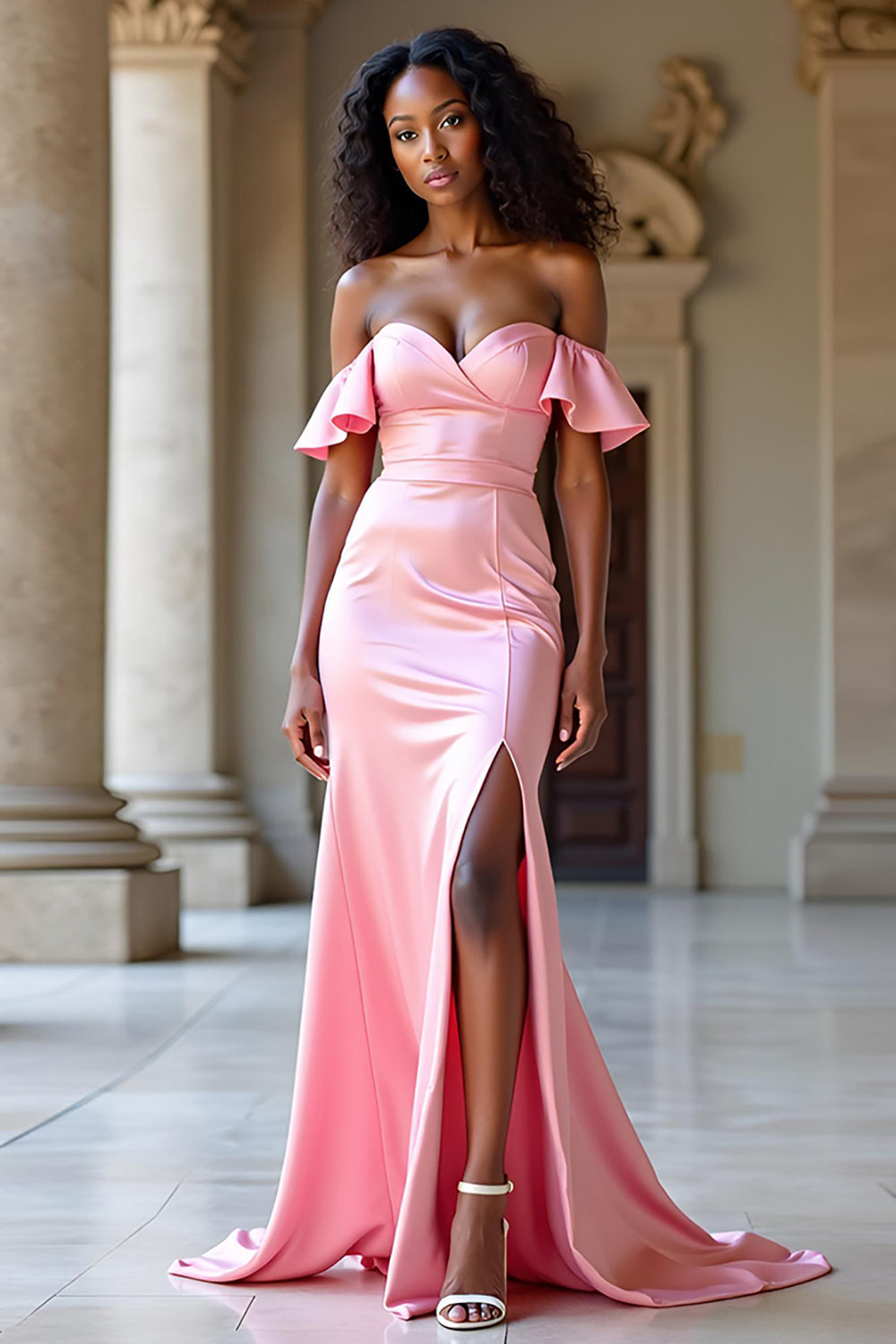 Elegant Off The Shoulder Rosa Satin Lång Prom Klänning med Slits