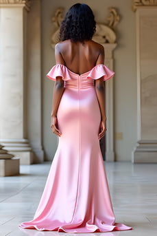 Elegant Off The Shoulder Rosa Satin Lång Prom Klänning med Slits