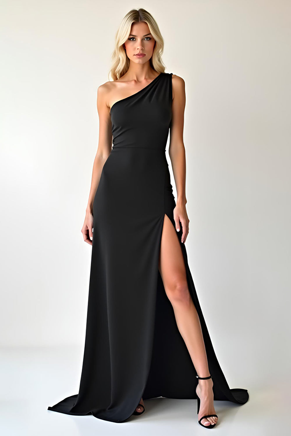 Elegant Chiffong Svart One Shoulder Balklänning med slits