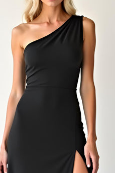 Elegant Chiffong Svart One Shoulder Balklänning med slits