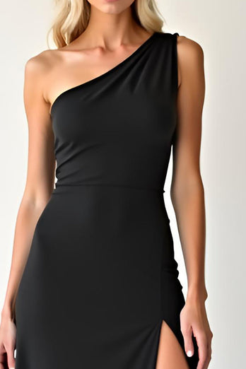 Elegant Chiffong Svart One Shoulder Balklänning med slits