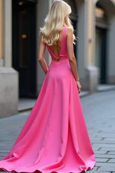 Fuchsia En linje Satin V-hals Cut out Prom Klänning