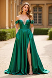 Off The Shoulder Mörkgrön A Line Satin Lång Balklänning med Fickor