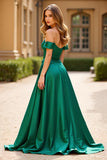 Off The Shoulder Mörkgrön A Line Satin Lång Balklänning med Fickor