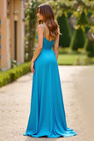 Blå A Line Spaghetti Straps Lång Chiffong Prom Klänning Med Slits