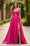 Fuchsia A Line Spaghetti Straps Satin Lång Prom Klänning Med Slits