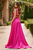 Fuchsia A Line Spaghetti Straps Satin Lång Prom Klänning Med Slits