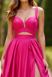 Fuchsia A Line Spaghetti Straps Satin Lång Prom Klänning Med Slits