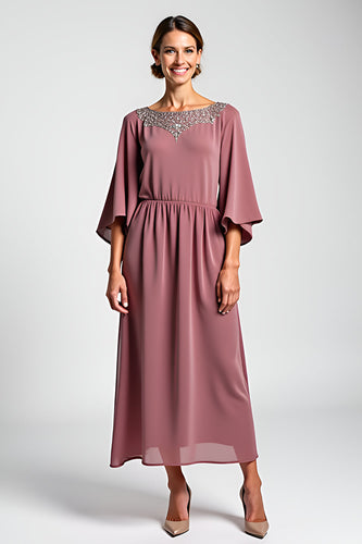 Vintage Mauve Chiffong 3/4 ärmar Klänning för brudens mor med pärlor