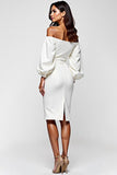 Vit Off The Shoulder Satin Graduation Klänning med Långa Ärmar