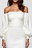 Vit Off The Shoulder Satin Graduation Klänning med Långa Ärmar