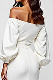 Vit Off The Shoulder Satin Graduation Klänning med Långa Ärmar
