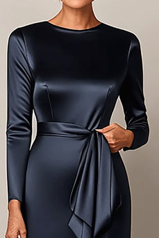 Elegant Bodycon Marinblå Satin Brudens Mor Klänning Med Drapering