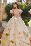 Prinsessa rodnande balklänning från axeln tyll quinceanera klänning med applikationer