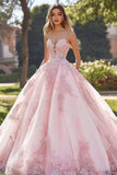 Princess Blush Balklänning Axelbandslös Tyll Quinceanera Klänning med Appliques