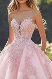 Princess Blush Balklänning Axelbandslös Tyll Quinceanera Klänning med Appliques