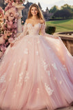 Prinsessa Rosa Balklänning Off the Shoulder Långärmad Tyll Quinceanera Klänning med spets Appliques