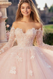 Prinsessa Rosa Balklänning Off the Shoulder Långärmad Tyll Quinceanera Klänning med spets Appliques