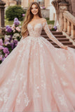 Rosa balklänning Älskling Tyll Appliqued Quinceanera Klänning Med Långa ärmar