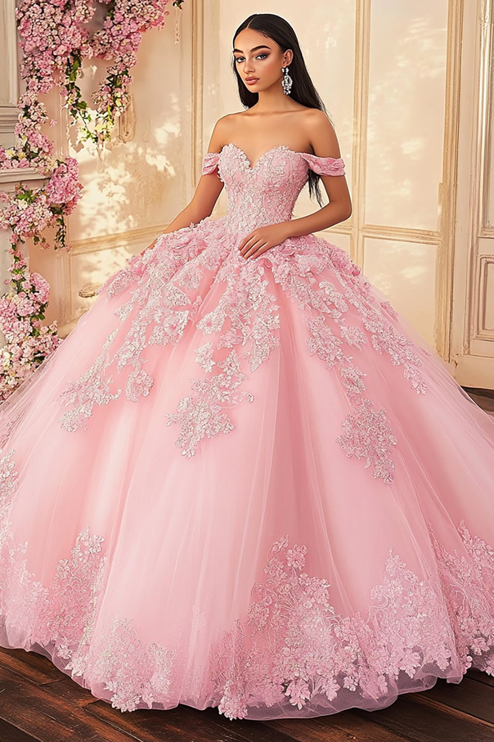 Rosa Off The Shoulder Princess Tulle Quinceanera Klänning med Appliques