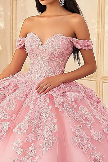 Rosa Off The Shoulder Princess Tulle Quinceanera Klänning med Appliques